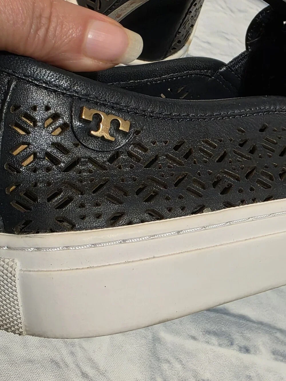 Tory Burch Navy Laser-Cut Slip-On Sneakers with White Sole